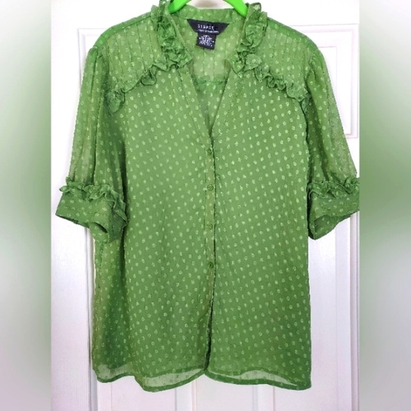 George designs by mark eisen women's sheer green top blouse w/ruffels size M. - Picture 1 of 5